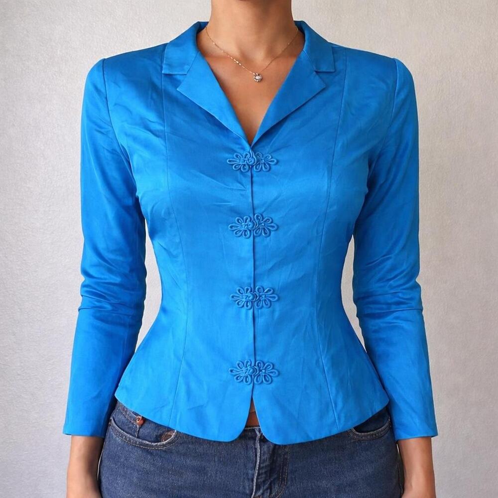 Vintage 100% Silk Blue Long Sleeve Blouse Chinese Frog Closures Size 16W XL